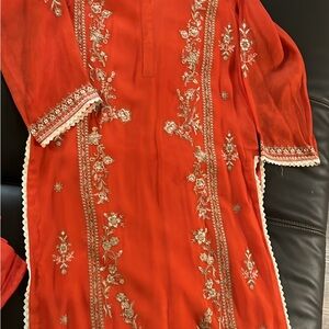 Vibrant Embroidered Orange Dress shalwar kameez and dupatta cotton net fabric